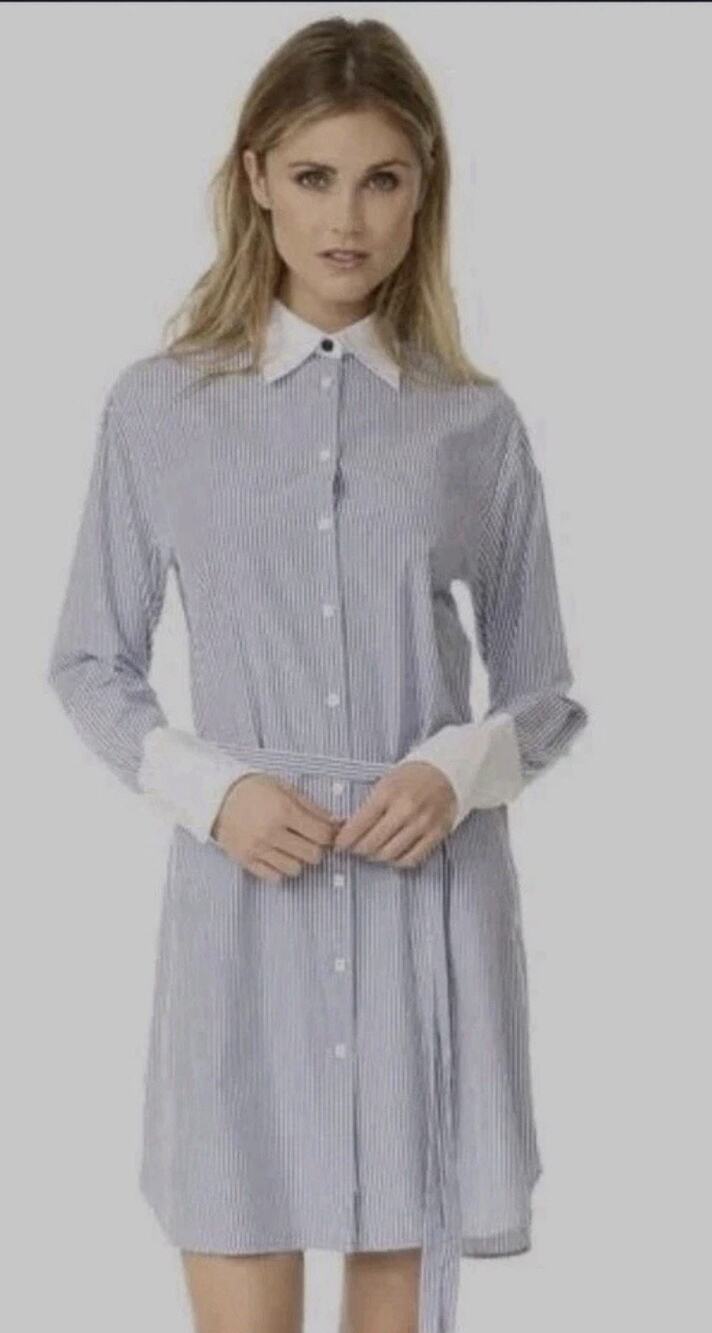 Rag & Bone Essex Shirt Dress S Blue White Stripe Cuffed Silk Blend Belt